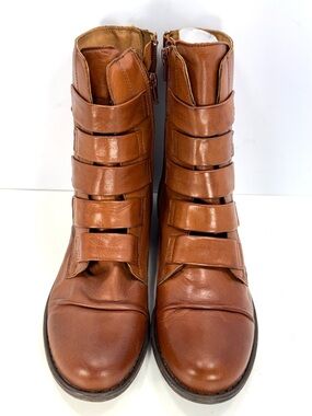 Miz Mooz Leighton Moto-Chic Saddle Tan Leather Ankle Boots with Strap Accents